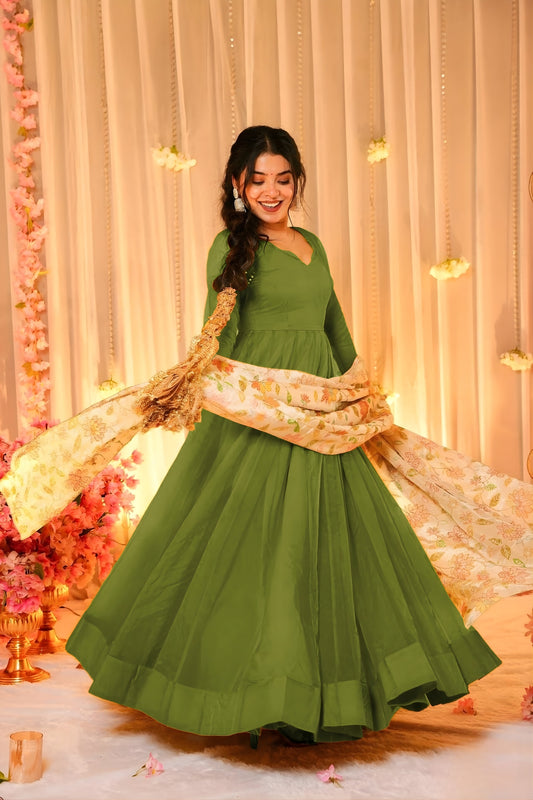 Stunning Mehndi Green Teby Silk Gown with Floral Printed Dupatta for Women