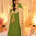 Stunning Mehndi Green Teby Silk Gown with Floral Printed Dupatta for Women