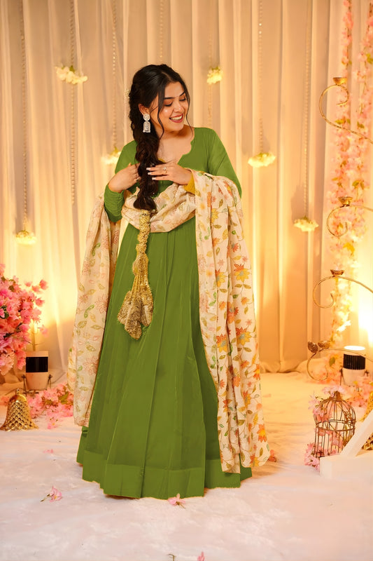 Stunning Mehndi Green Teby Silk Gown with Floral Printed Dupatta for Women