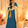Stylish Teal Blue Teby Silk Gown with Floral Printed Dupatta for Women