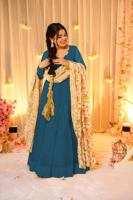 Stylish Teal Blue Teby Silk Gown with Floral Printed Dupatta for Women
