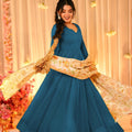 Stylish Teal Blue Teby Silk Gown with Floral Printed Dupatta for Women