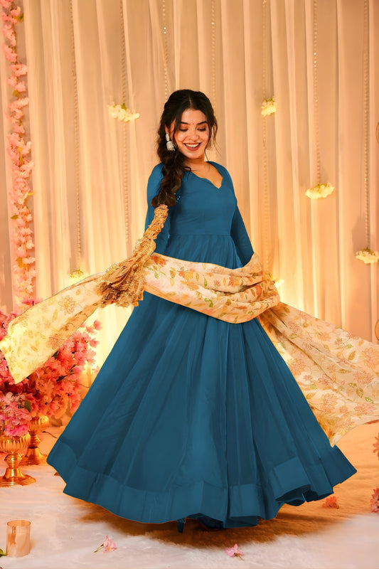 Stylish Teal Blue Teby Silk Gown with Floral Printed Dupatta for Women