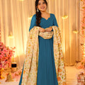 Stylish Teal Blue Teby Silk Gown with Floral Printed Dupatta for Women