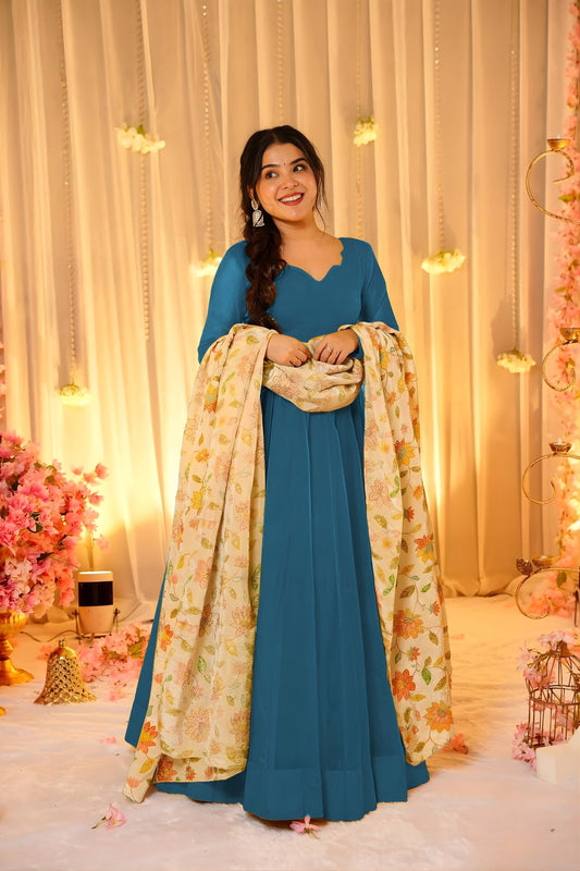Stylish Teal Blue Teby Silk Gown with Floral Printed Dupatta for Women