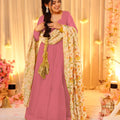 Lovely Pink Teby Silk Gown with Floral Printed Dupatta for Women