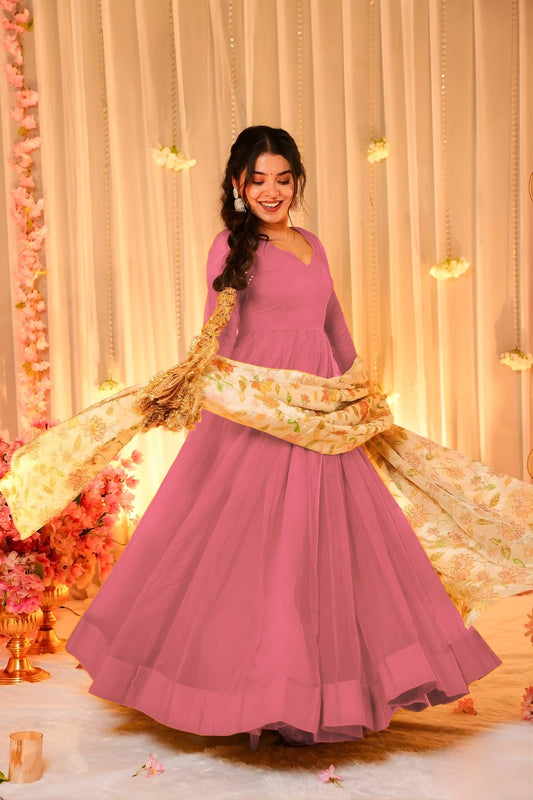 Lovely Pink Teby Silk Gown with Floral Printed Dupatta for Women