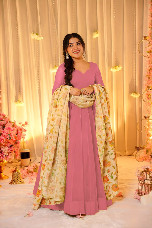 Lovely Pink Teby Silk Gown with Floral Printed Dupatta for Women