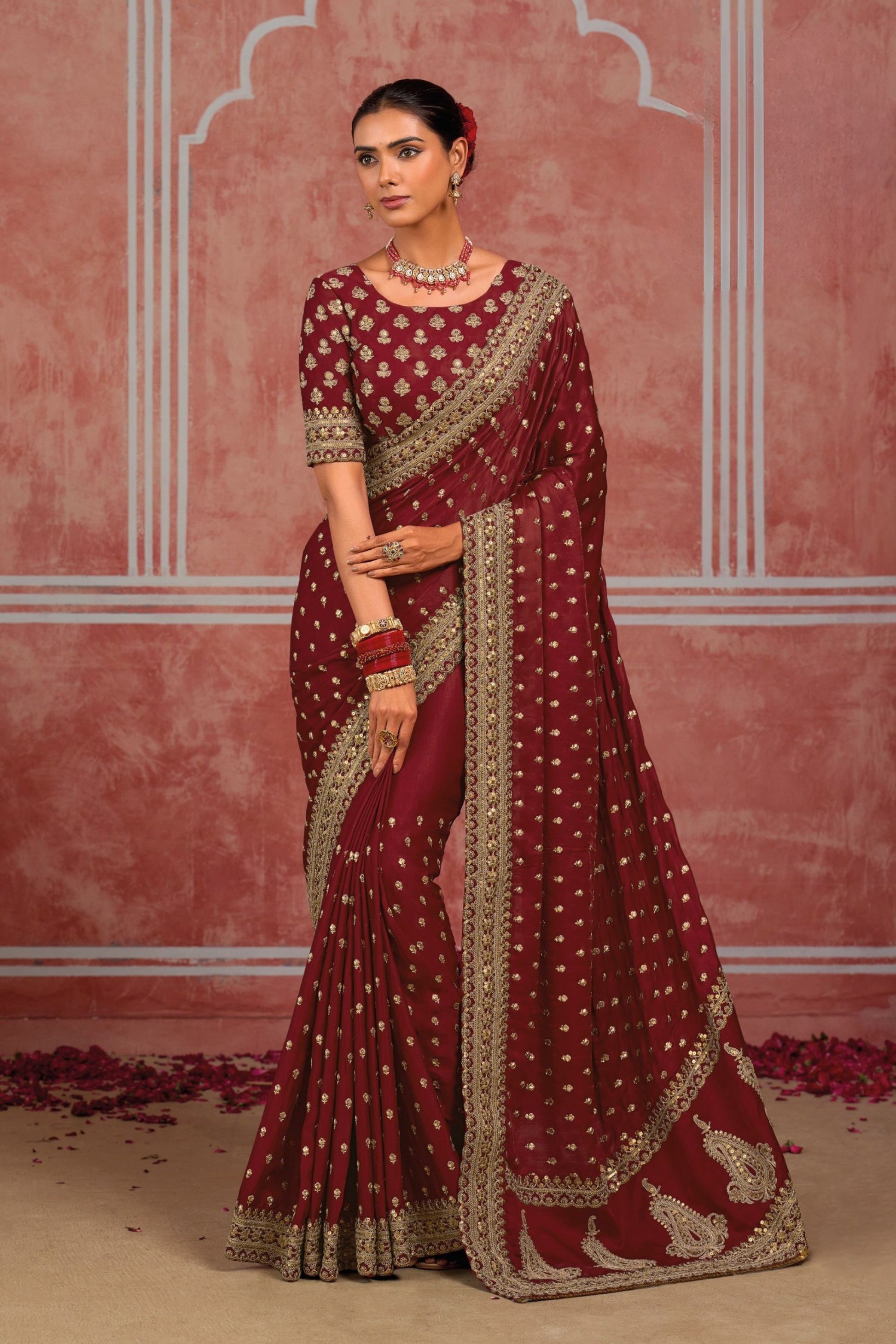 Lovely Maroon Pure Munga Silk Saree Sequins Work for Women