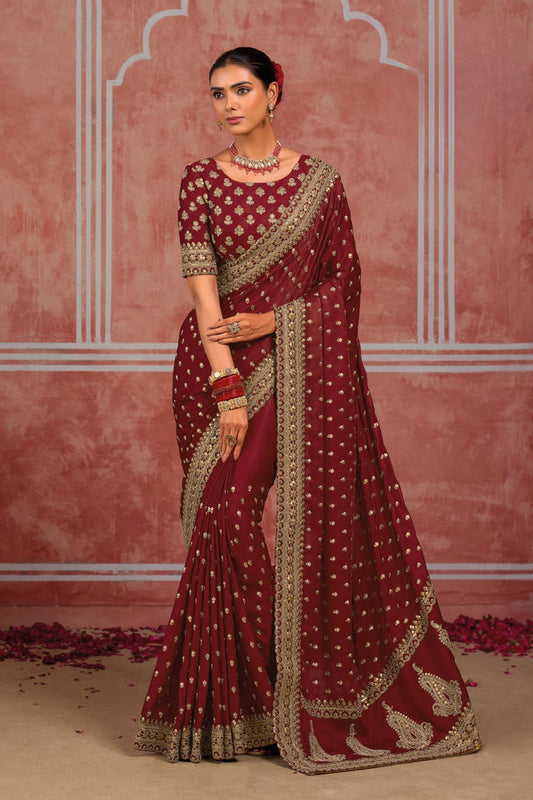 Lovely Maroon Pure Munga Silk Saree Sequins Work for Women