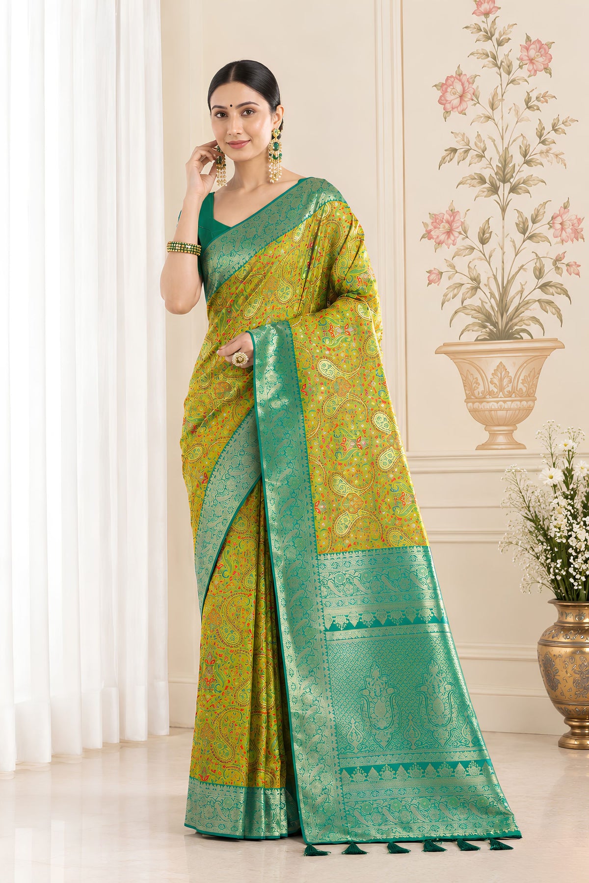 Graceful Lime Green Pashmina Silk Saree Zari Work for Women