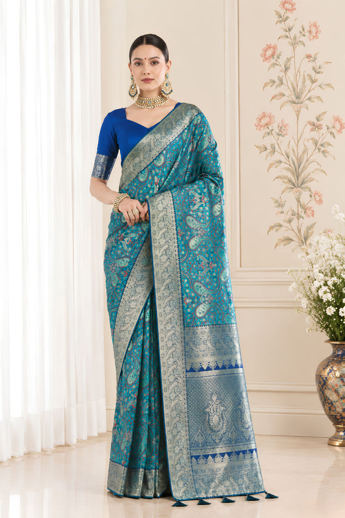 Royal Teal Blue Pashmina Silk Saree Zari Work for Women