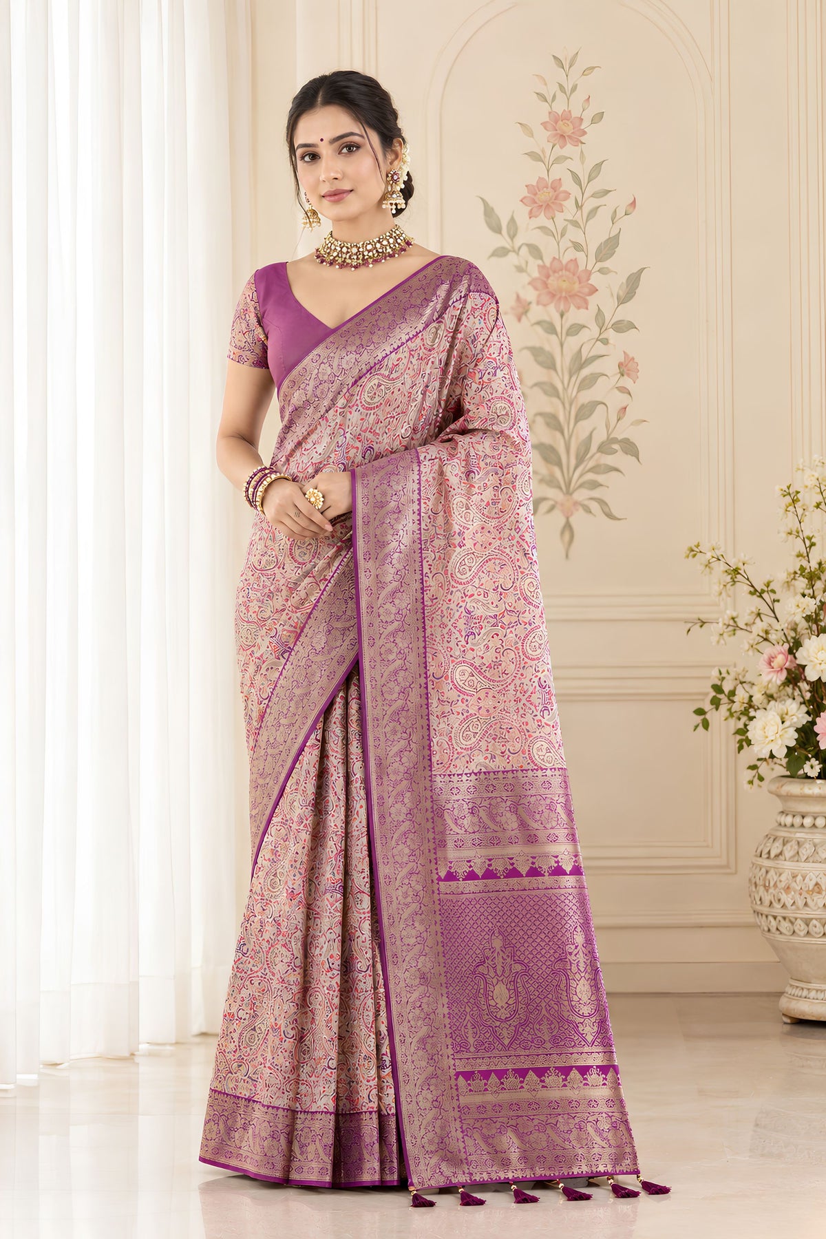 Premium Purple Pashmina Silk Saree Zari Work for Women
