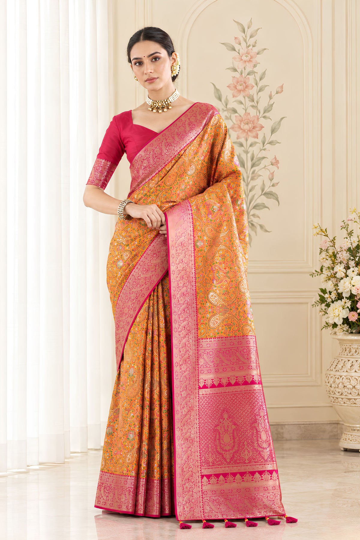 Adorable Orange Pashmina Silk Saree Zari Work for Women