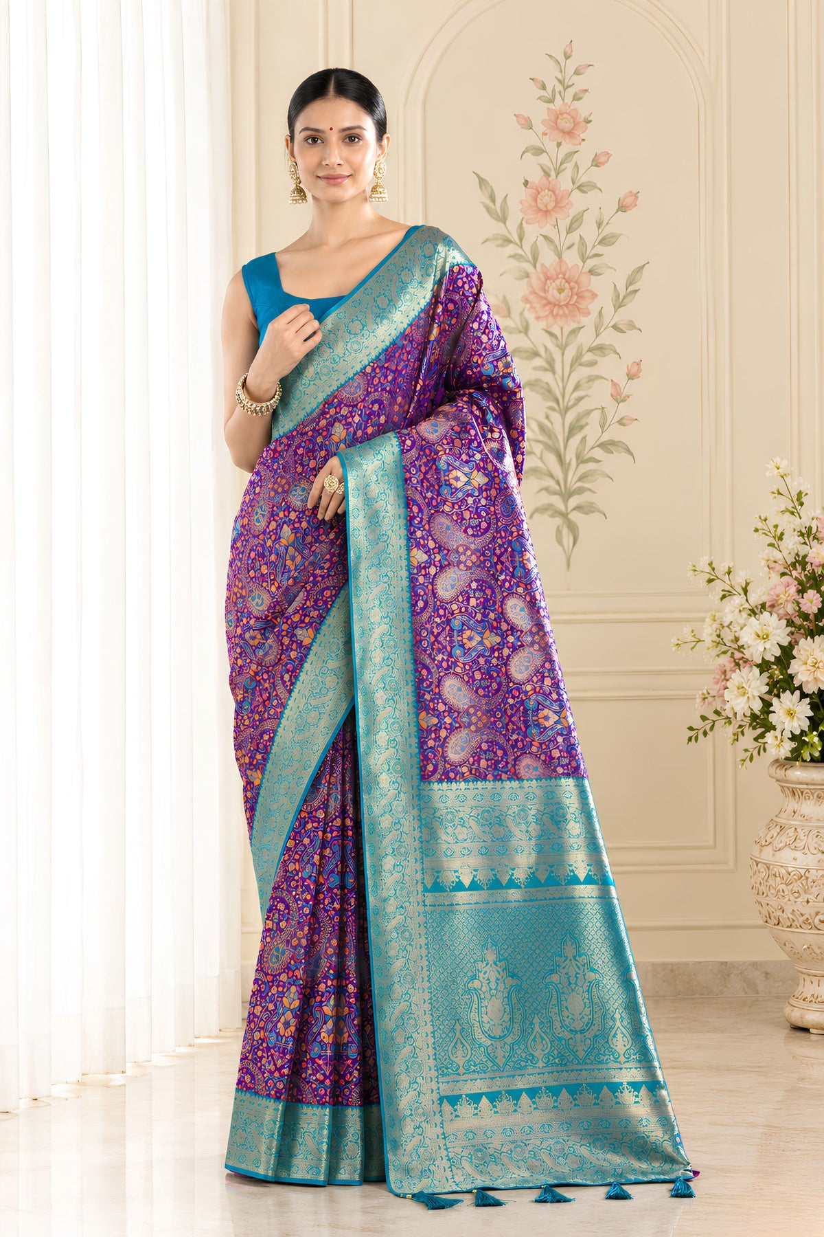 Trendy Purple Pashmina Silk Saree Zari Work for Women