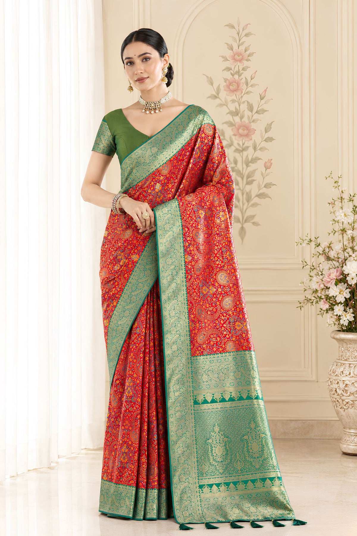 Vibrant Red Pashmina Silk Saree Zari Work for Women
