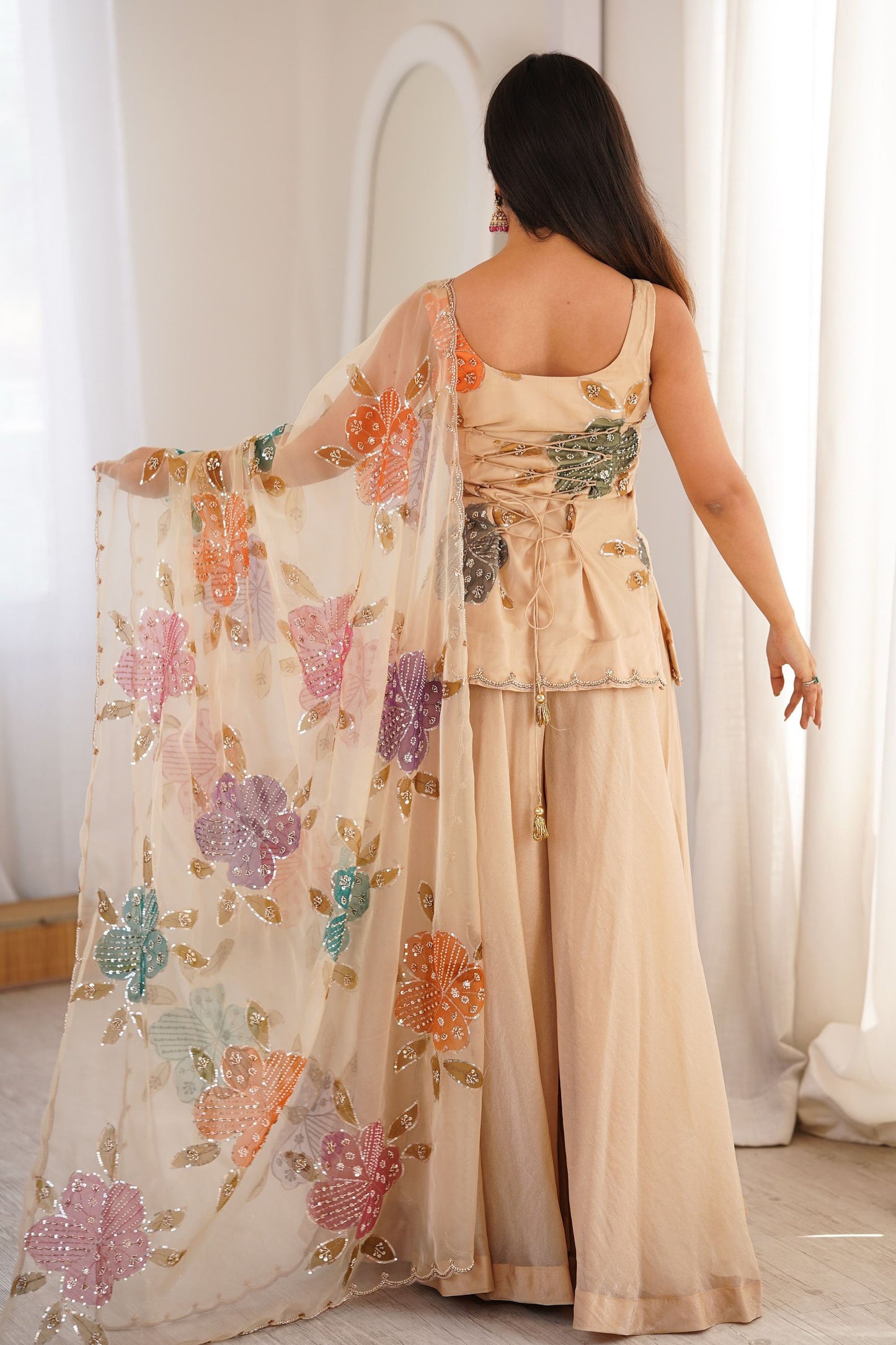 Luxury Beige Organza Silk Plain Palazzo Suit Floral Embroidered Dupatta