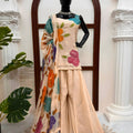 Luxury Beige Organza Silk Plain Palazzo Suit Floral Embroidered Dupatta