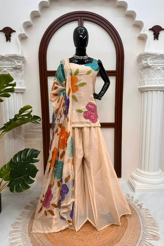 Luxury Beige Organza Silk Plain Palazzo Suit Floral Embroidered Dupatta