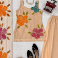 Luxury Beige Organza Silk Plain Palazzo Suit Floral Embroidered Dupatta