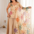 Luxury Beige Organza Silk Plain Palazzo Suit Floral Embroidered Dupatta