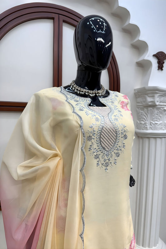 Elegant Cream Heavy Reyon Thread Sequin Work Patiala Suit Dupatta for Women