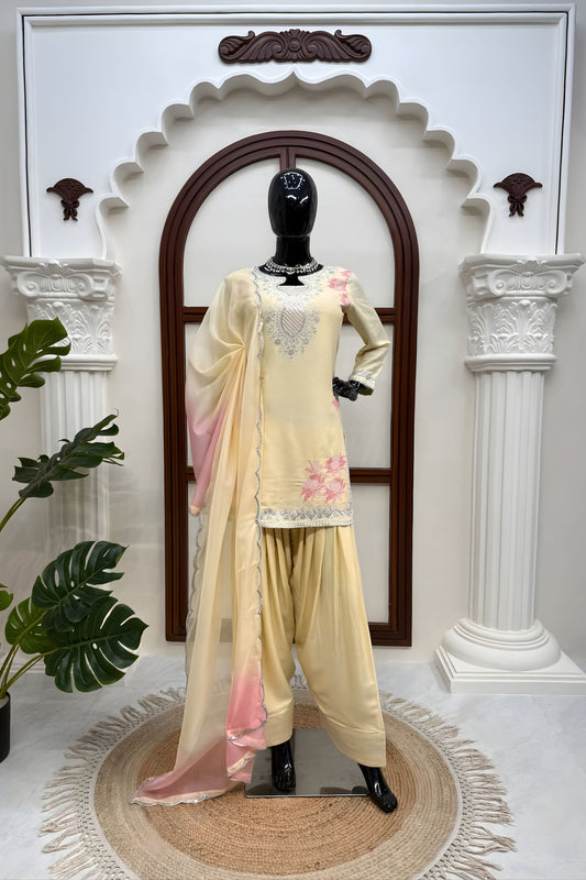 Elegant Cream Heavy Reyon Thread Sequin Work Patiala Suit Dupatta for Women