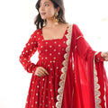 Graceful Red Chinon Anarkali Suit Thread Sequence Work Dupatta
