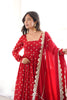 Graceful Red Chinon Anarkali Suit Thread Sequence Work Dupatta