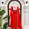 Graceful Red Chinon Anarkali Suit Thread Sequence Work Dupatta
