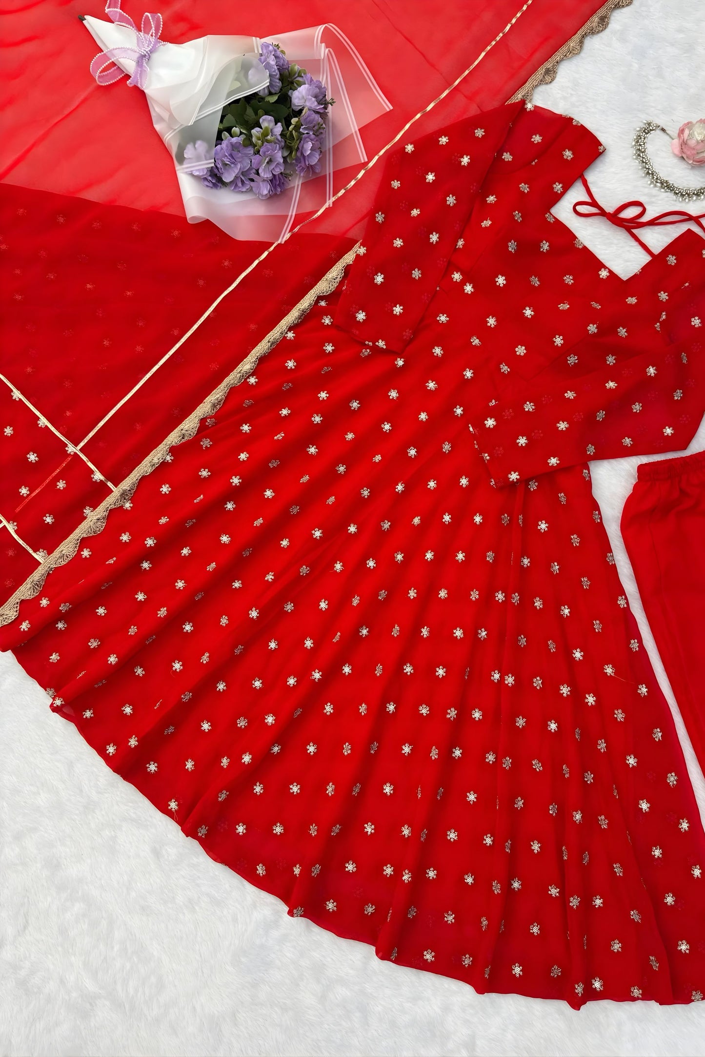Graceful Red Chinon Anarkali Suit Thread Sequence Work Dupatta