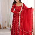 Graceful Red Chinon Anarkali Suit Thread Sequence Work Dupatta