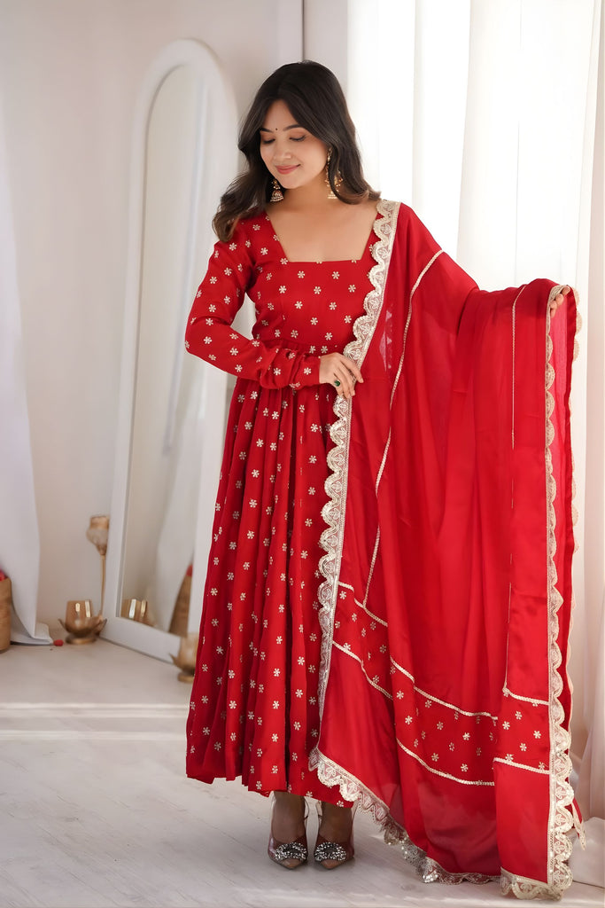 Graceful Red Chinon Anarkali Suit Thread Sequence Work Dupatta