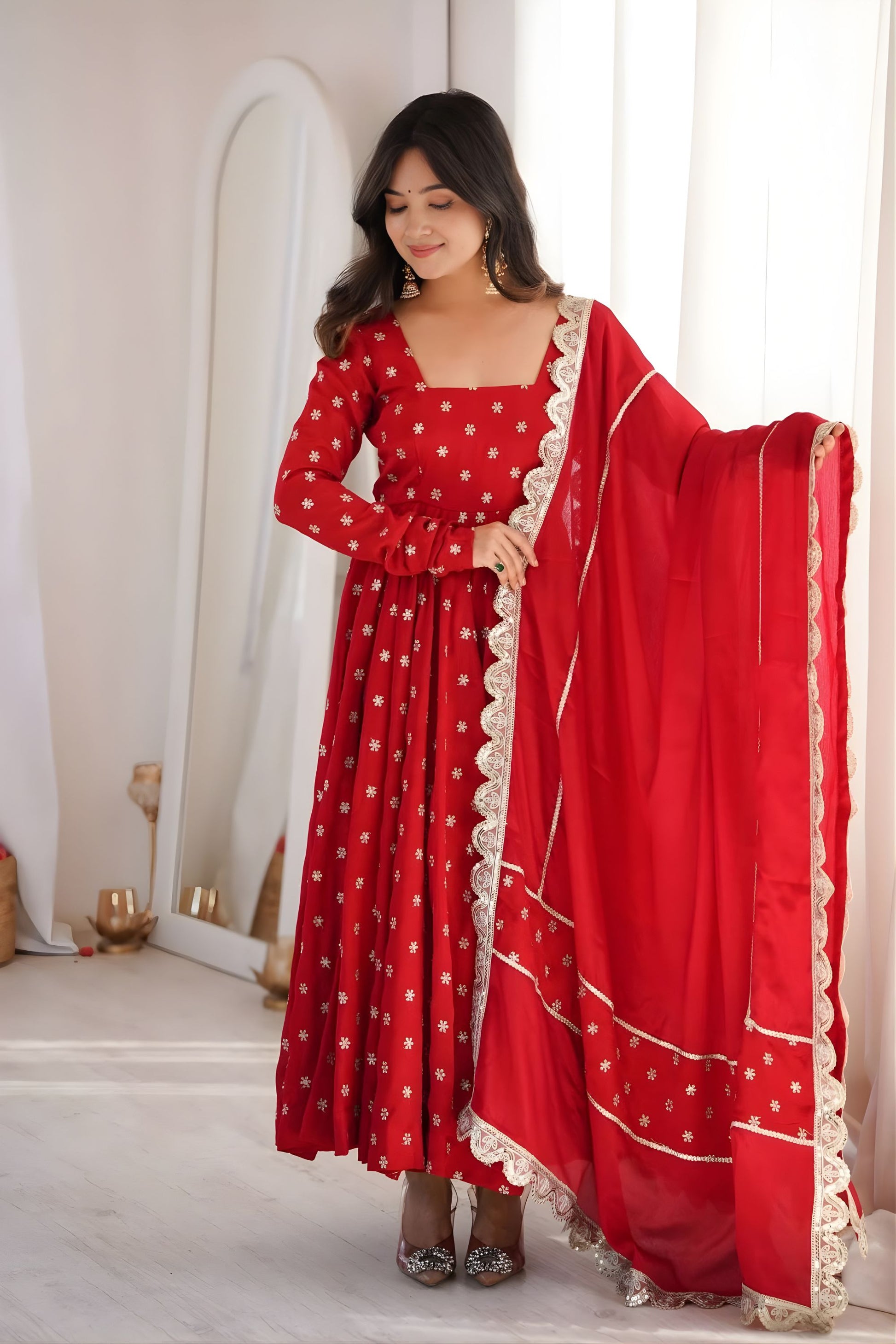 Graceful Red Chinon Anarkali Suit Thread Sequence Work Dupatta