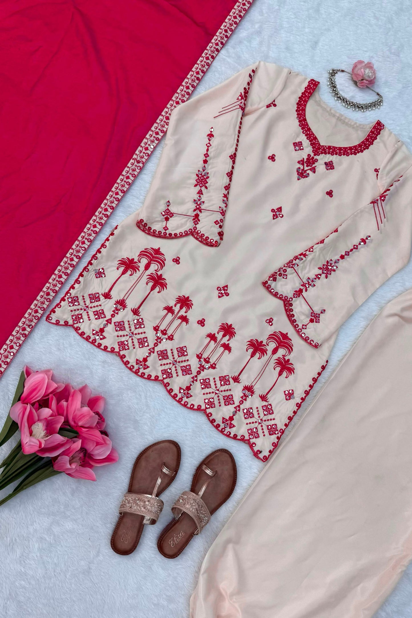 Stylish Off White Embroidered Salwar Suit Thread Work Matching Dupatta for Women