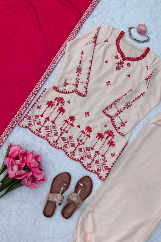 Stylish Off White Embroidered Salwar Suit Thread Work Matching Dupatta for Women