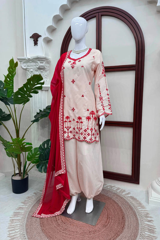 Stylish Off White Embroidered Salwar Suit Thread Work Matching Dupatta for Women