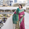 Green And Pink Banarasi Silk Saree with Intricate Zari Festive Wear