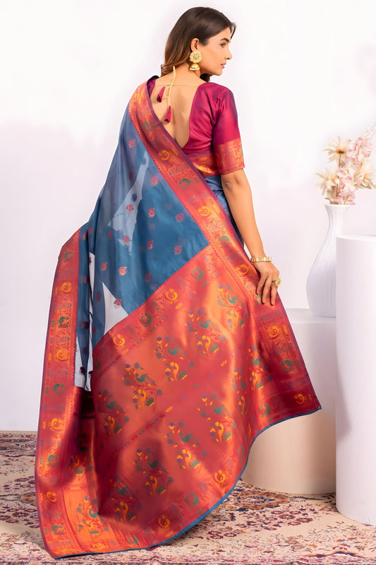 Sky Blue Paithani Silk Saree with Pink Zari Border and Traditional