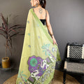 Pistachio Green Linen Cotton Saree Artistic Elephant Print Pallu