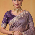 Lavender Organza Silk Saree Floral Embroidered Border Designer Blouse