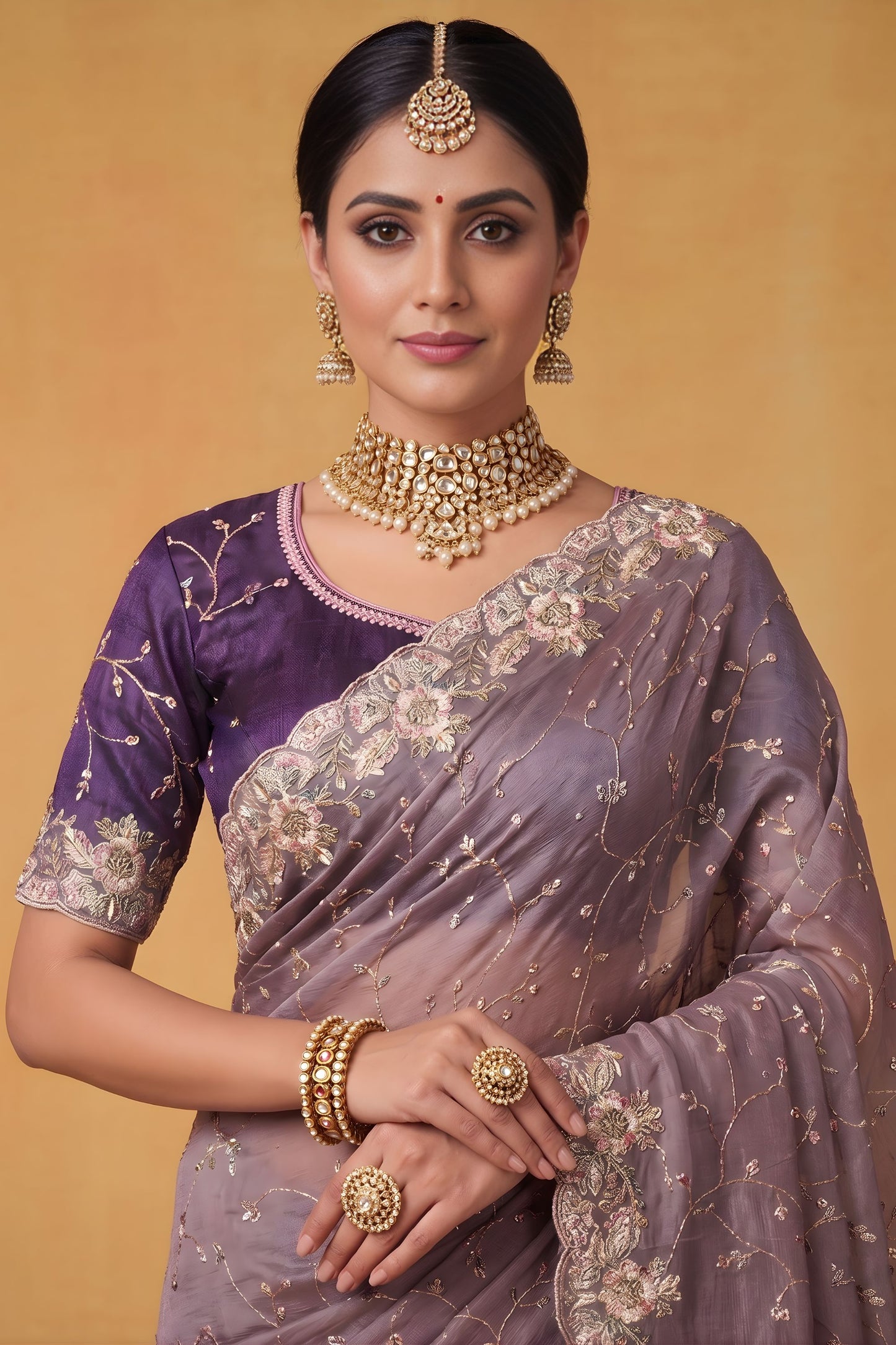 Lavender Organza Silk Saree Floral Embroidered Border Designer Blouse