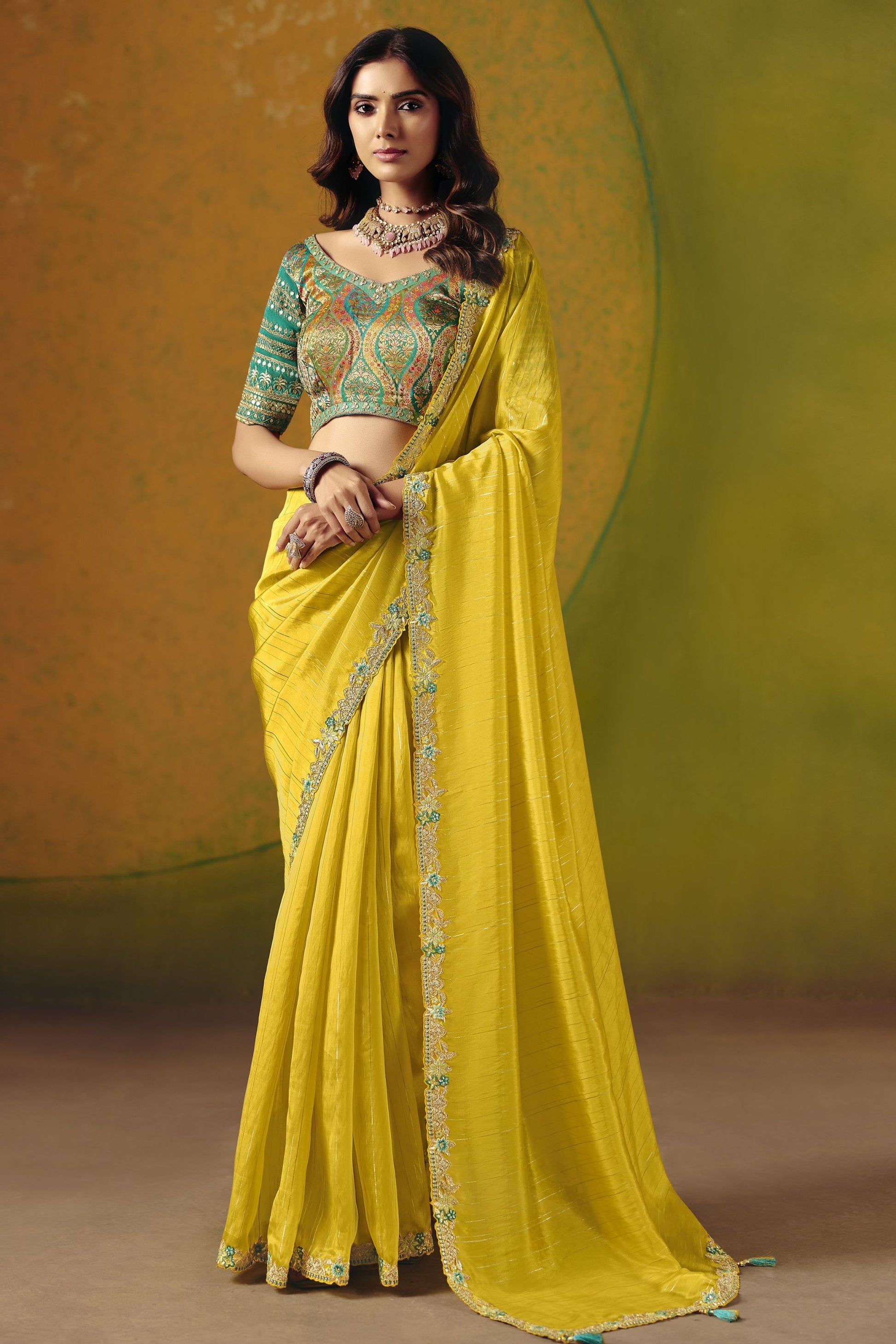 Yellow Silk Saree with Embroidered Border Woven Readymade Blouse