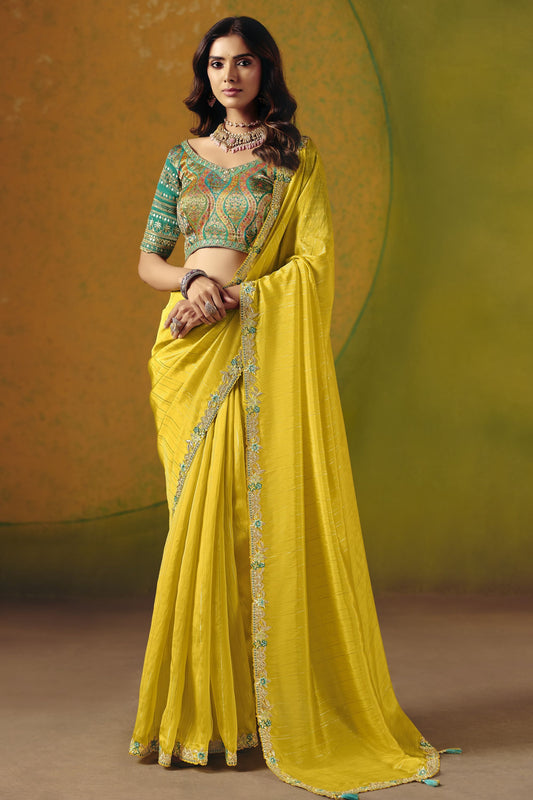 Yellow Silk Saree with Embroidered Border Woven Readymade Blouse