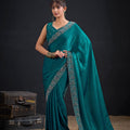 Teal Green Silk Saree Antique Silver Zari Border Party Wear Saree