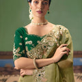 Olive Green Organza Saree Heavy Zari Embroidery Border Designer Blouse