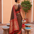 Olive Green Silk Saree Red Contrast Border Zari Weaving Festive Wear
