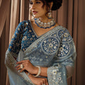 Sky Blue Designer Saree Heavy Embroidered Border Navy Blue Blouse