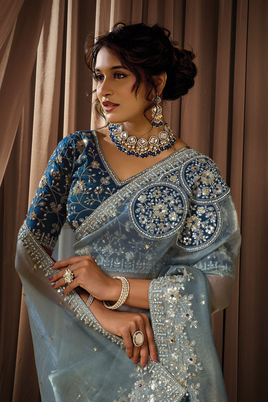 Sky Blue Designer Saree Heavy Embroidered Border Navy Blue Blouse