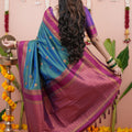 Teal Green Silk Saree Magenta Pink Woven Border Traditional Design